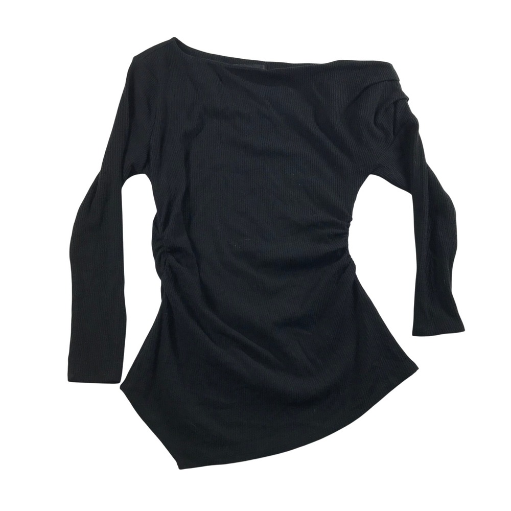 White House Black Market Asym Rib Knit Top Black Long Sleeve Ruched L 570399640